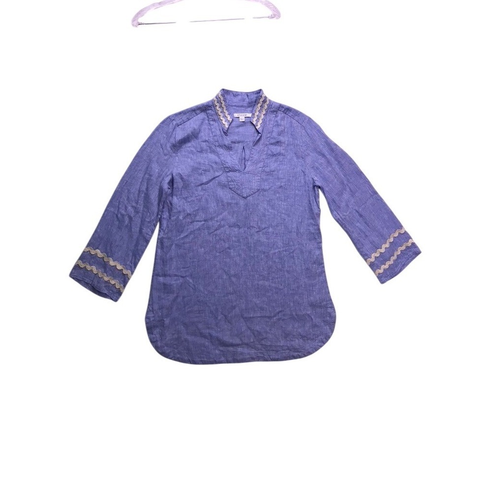 Chico's Linen Tunic Women 0 Small Blue Ric Rac Trim 3/4 Sleeve Top Luxury